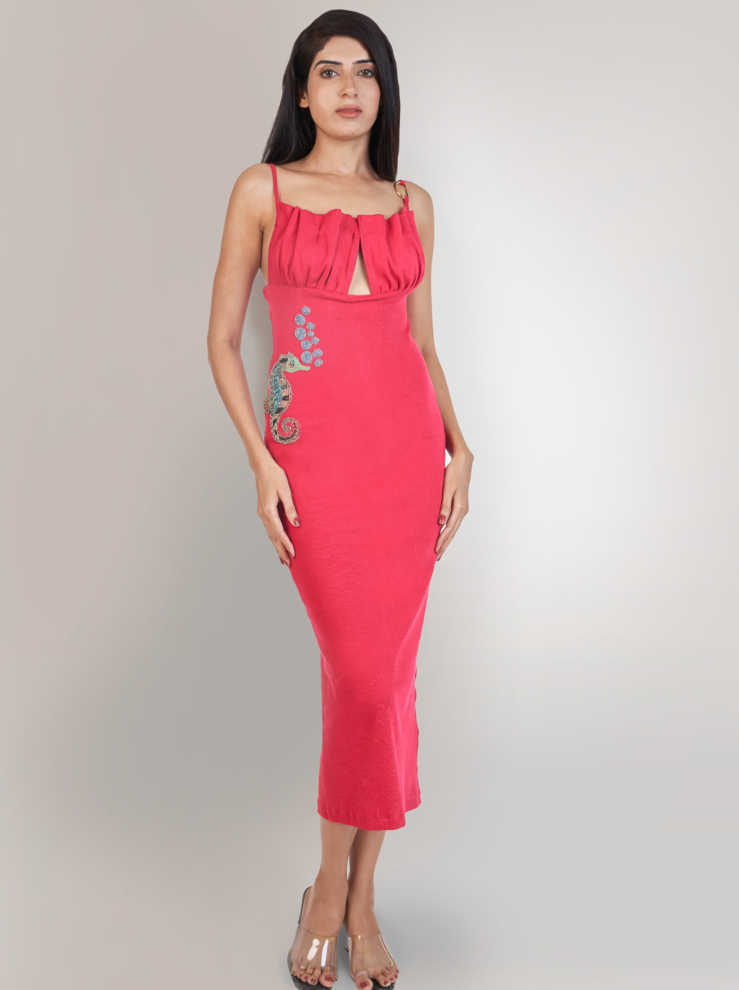 The Aquatic Knit hot pink embroidered bodycon dress