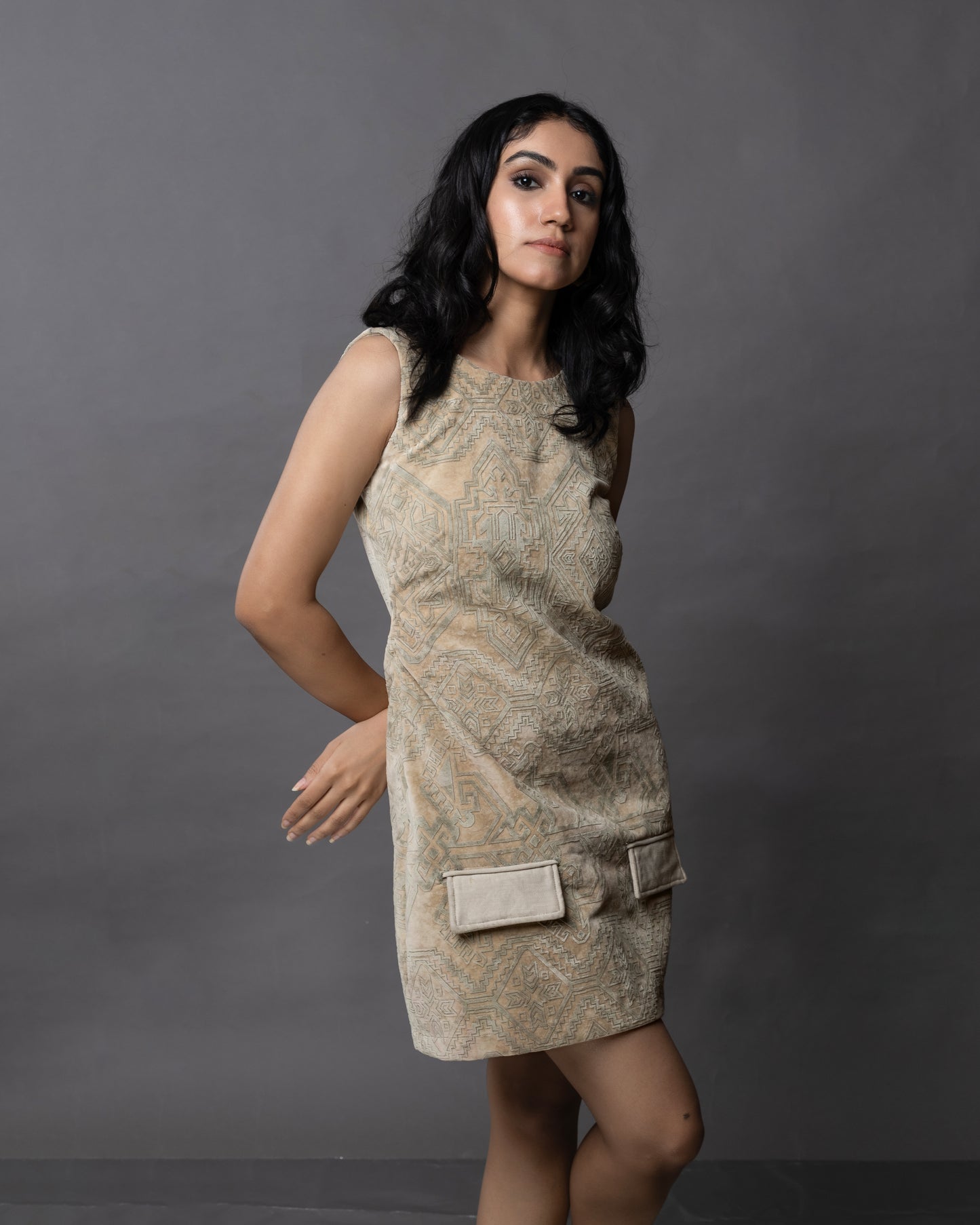 The Beige embossed design suede short dress