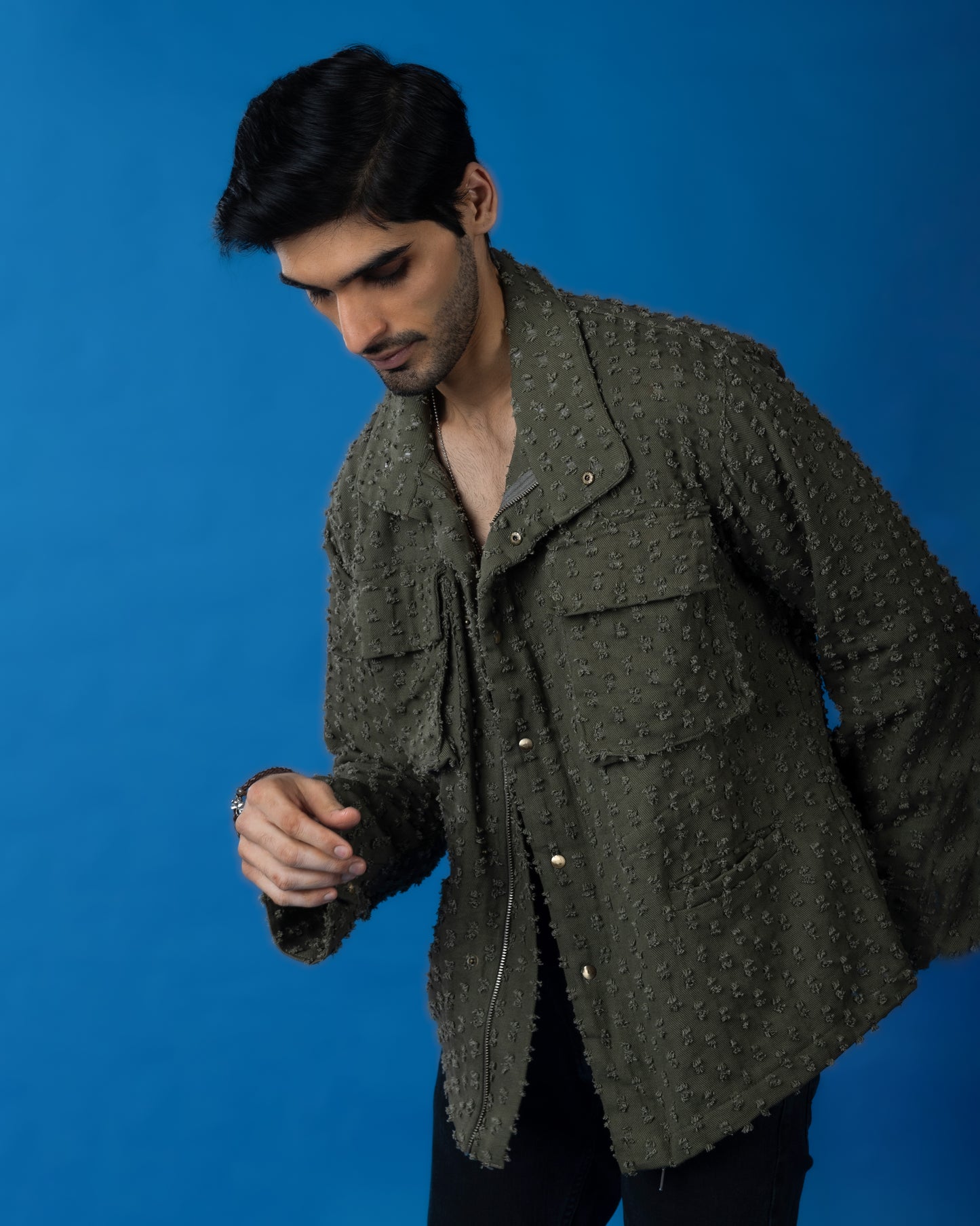 The Light washed olive denim oversized rugged shirt