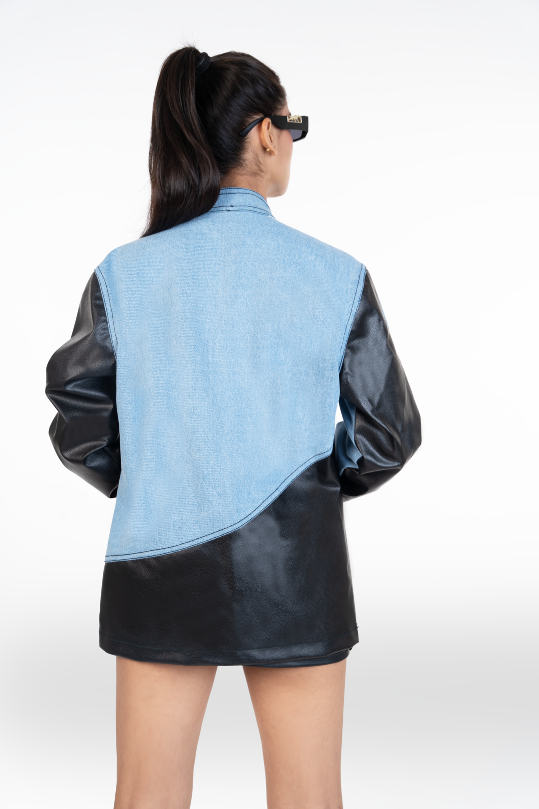 Leather-denim paneled unisex jacket