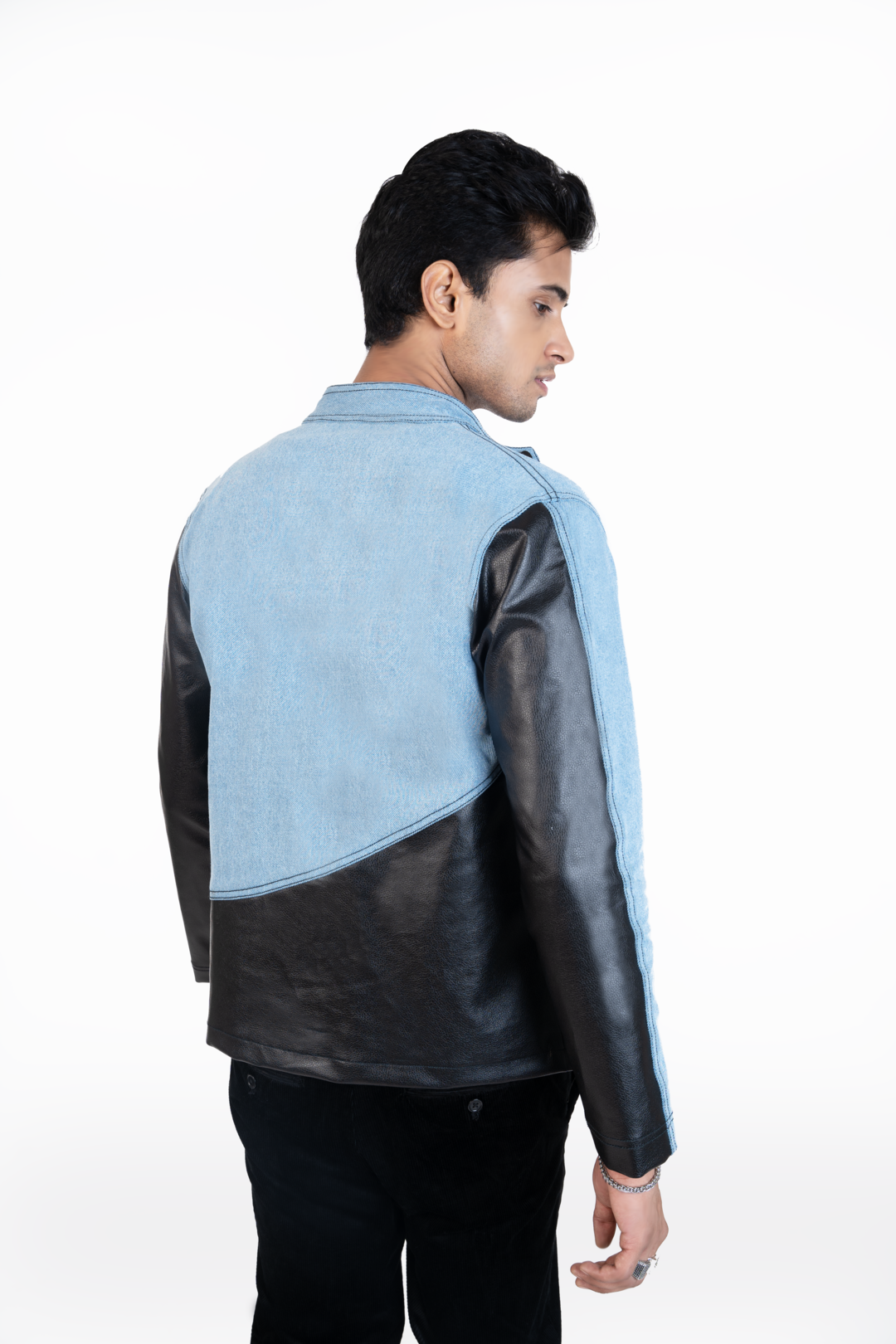 Leather-denim paneled unisex jacket