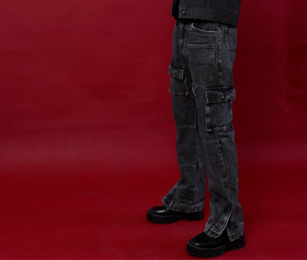 Stonewash black denim dual-side cargos