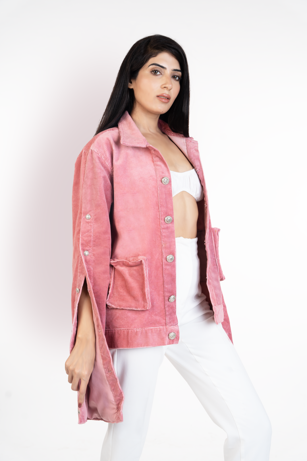 Corduroy Pink flarred sleeve back hand embroidered jacket