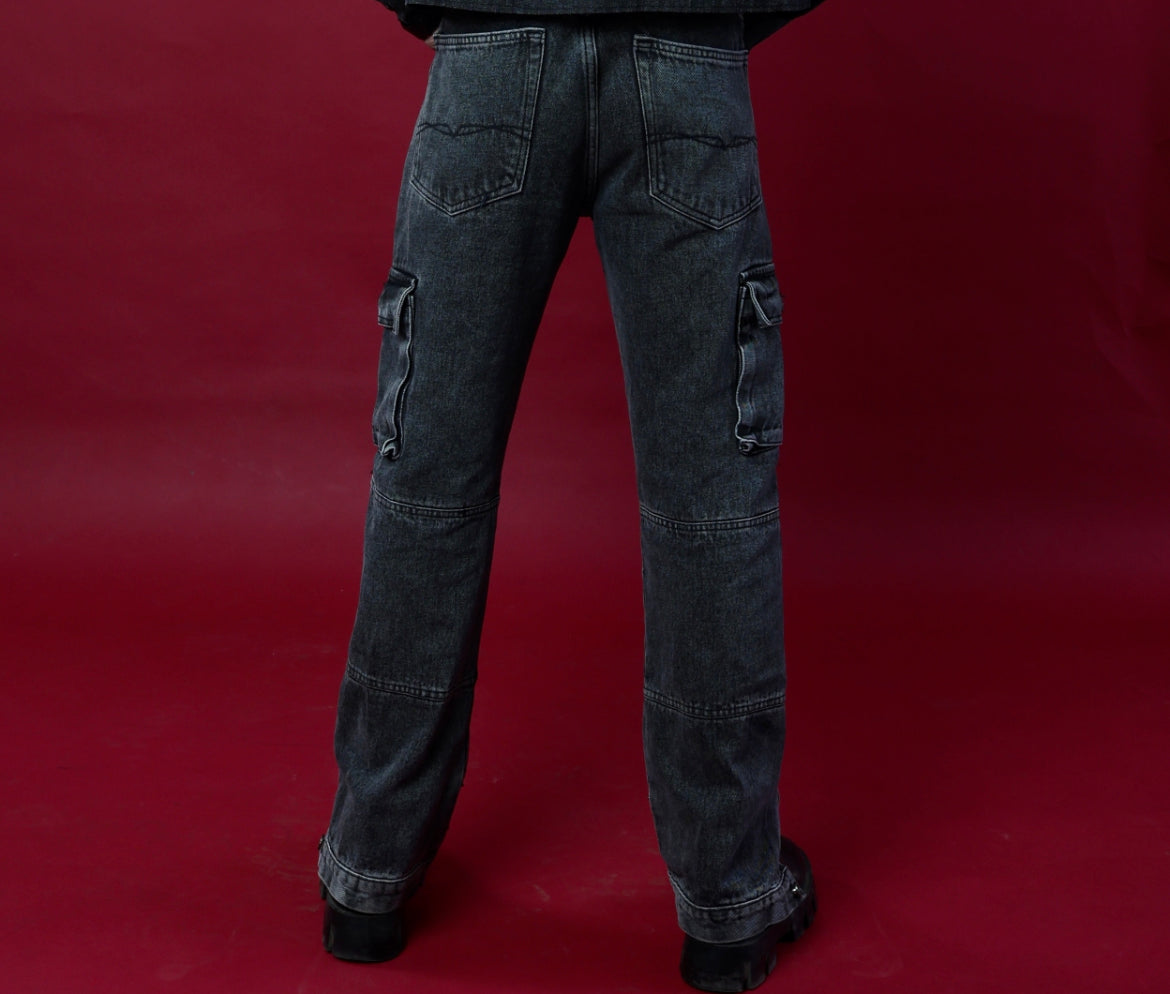 Stonewash black denim dual-side cargos